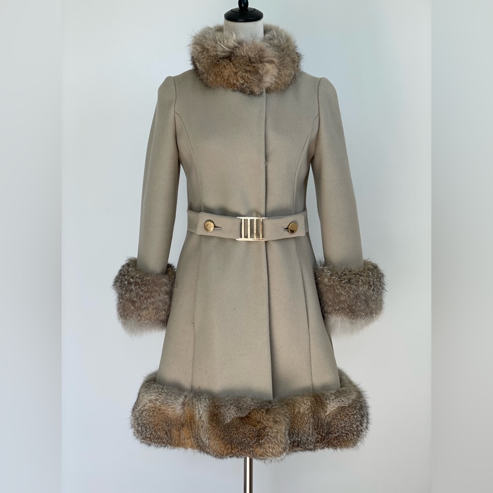 1960s Vintage Best & Co Fifth Ave NY Russian Princess  Fur Belted Wool Coat S